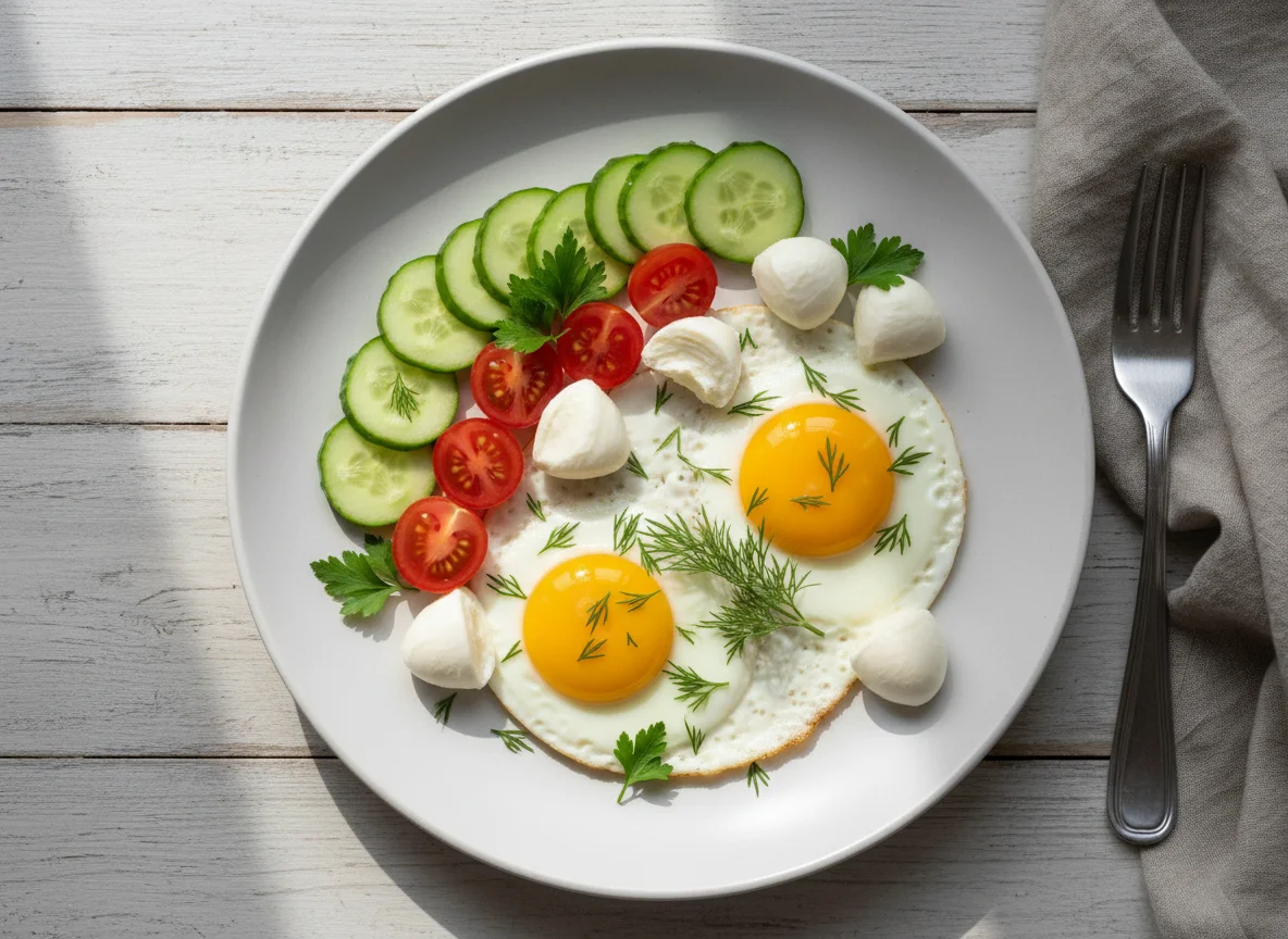 Завтрак с яичницей, овощами и моцареллой photo