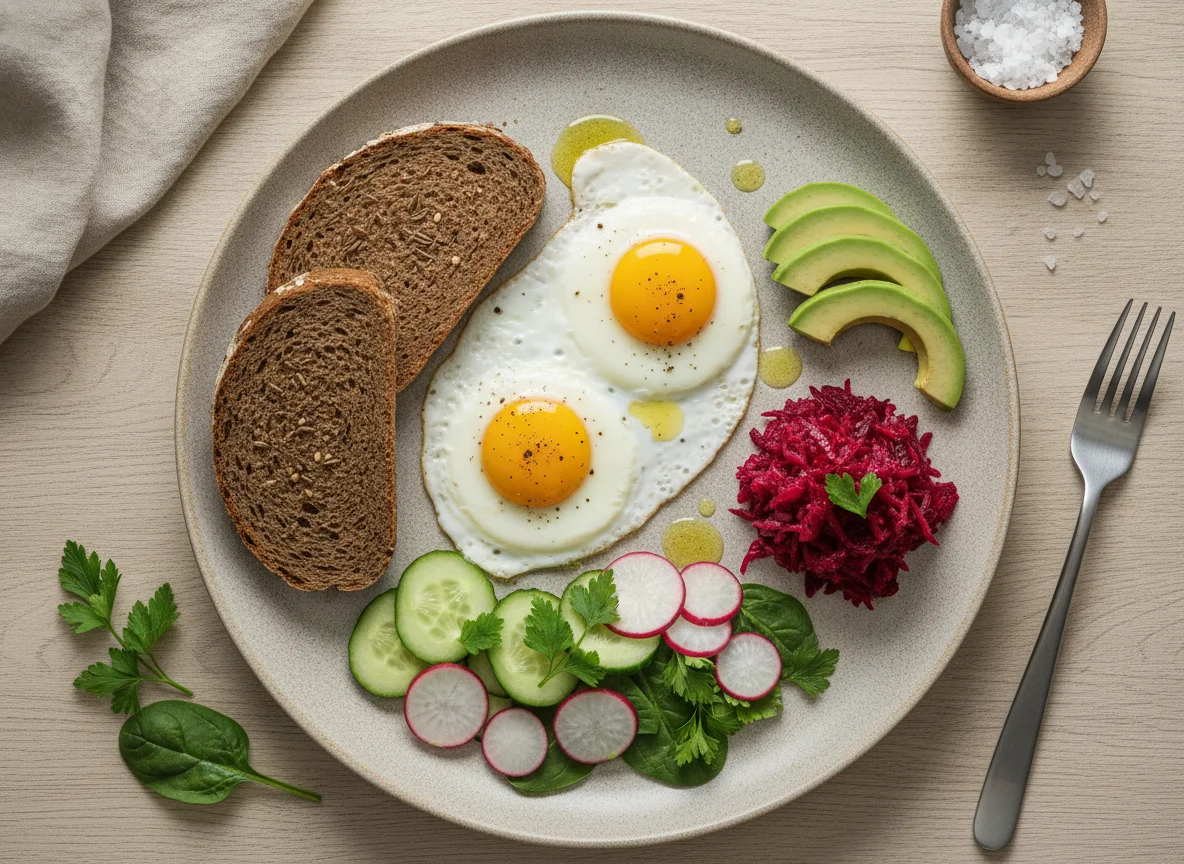 Завтрак с яичницей, овощами и ржаным хлебом photo