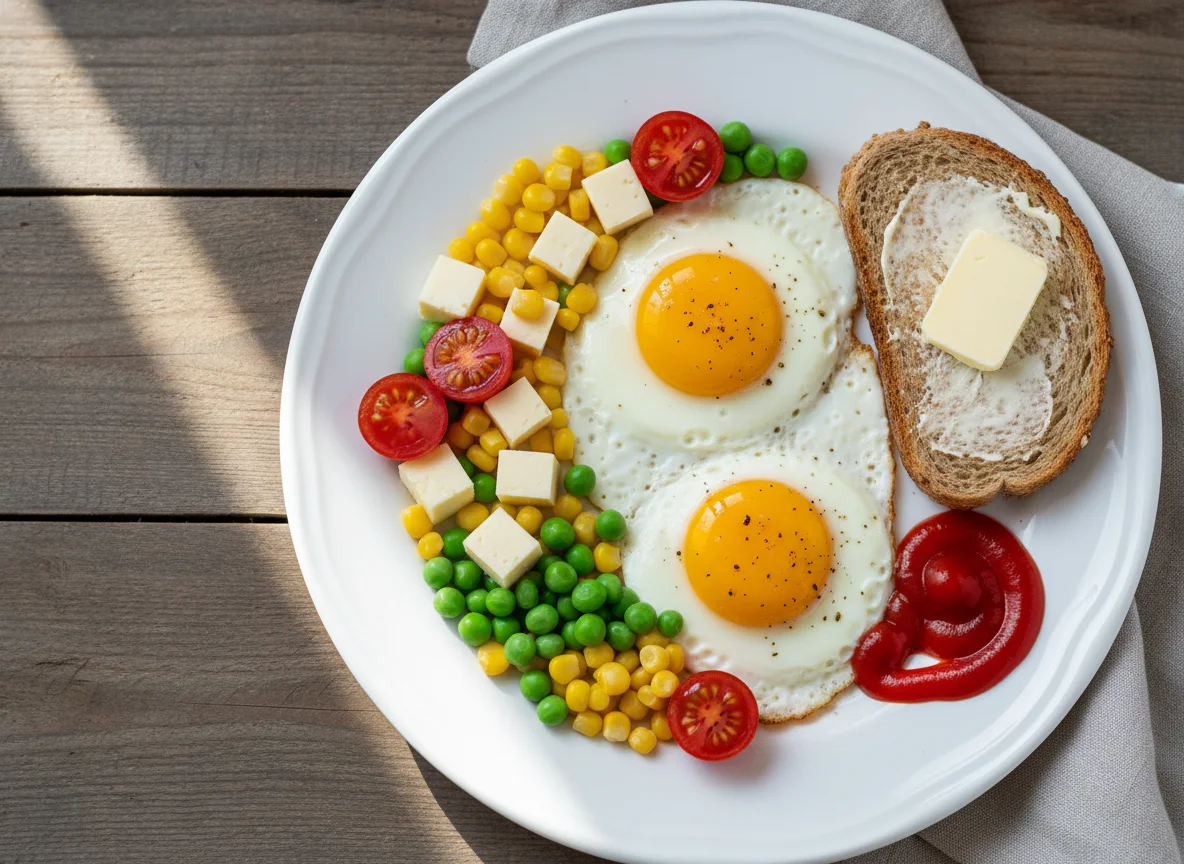 Завтрак с яичницей, овощами и тостом photo