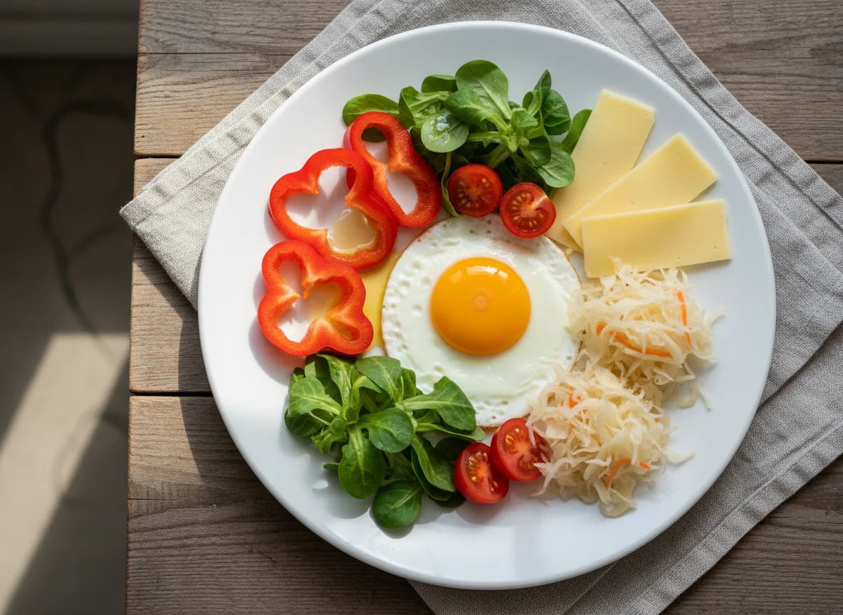 Завтрак с яичницей, овощами, сыром и квашеной капустой photo