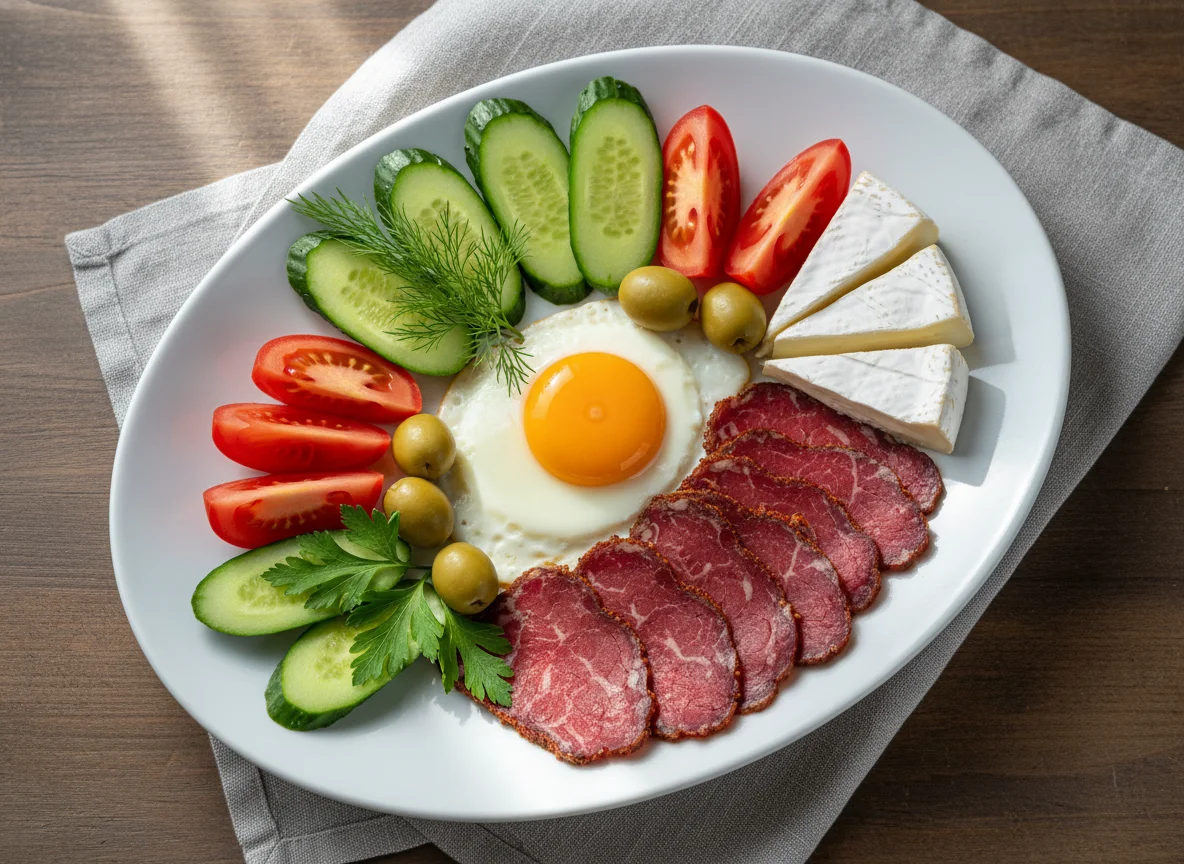 Завтрак с яичницей, овощами, сыром и мясом photo