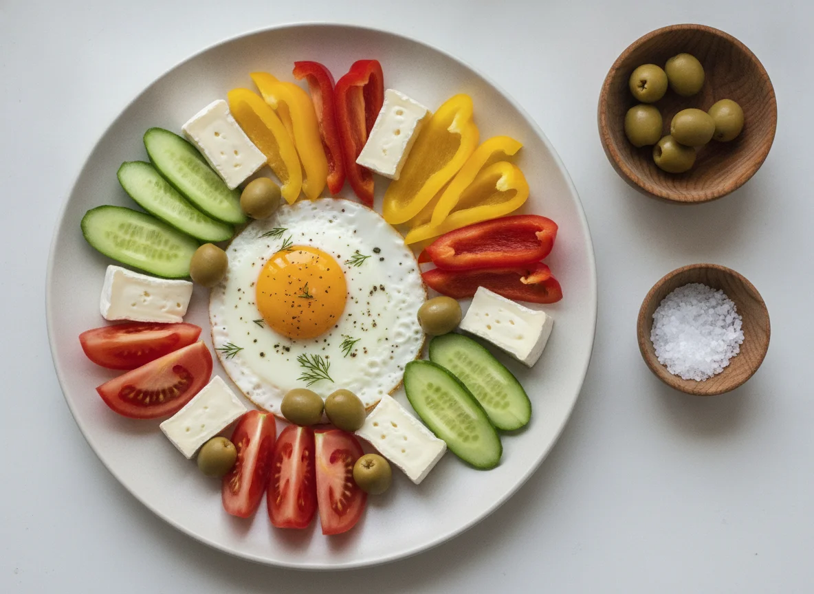 Завтрак с яичницей, овощами, сыром и оливками photo