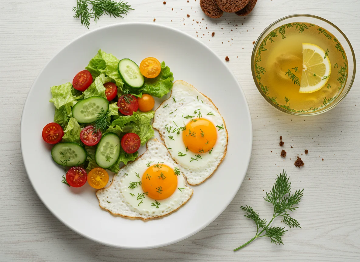 Завтрак с яичницей, овощным салатом и бульоном photo