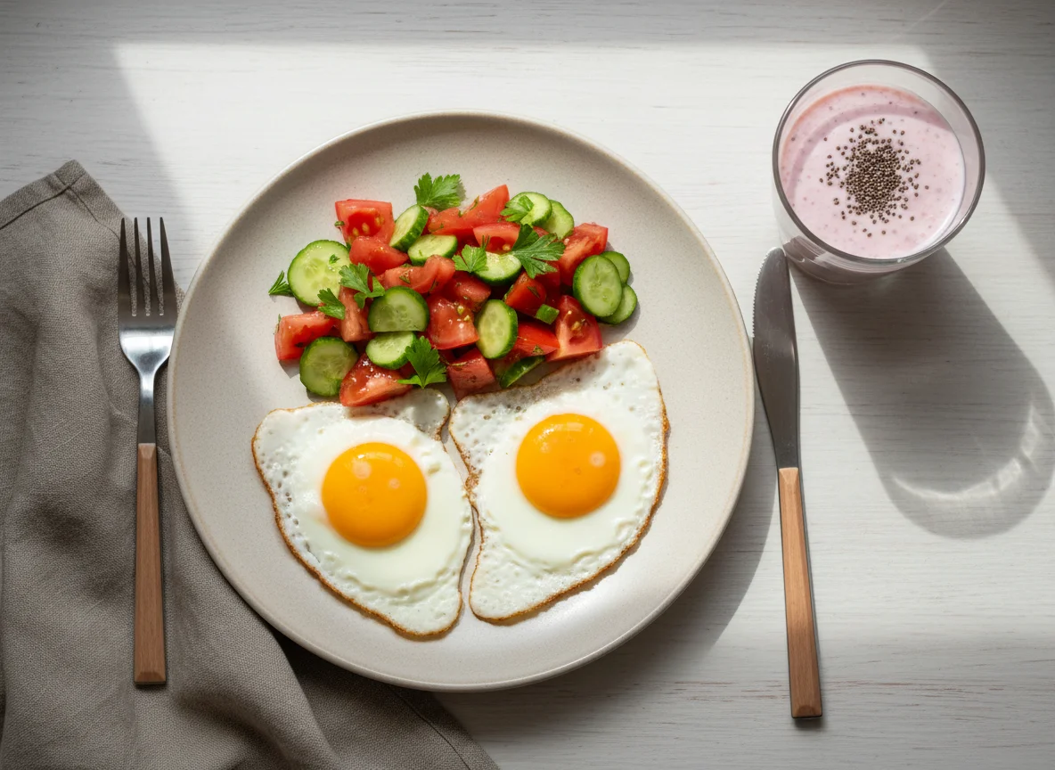 Завтрак с яичницей, овощным салатом и смузи photo