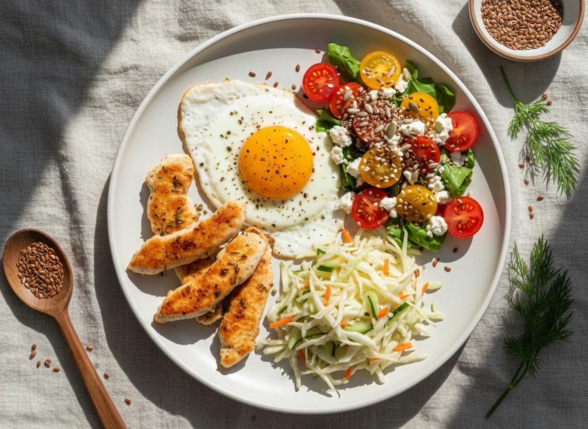 Завтрак с яичницей, овощным салатом и сыром photo