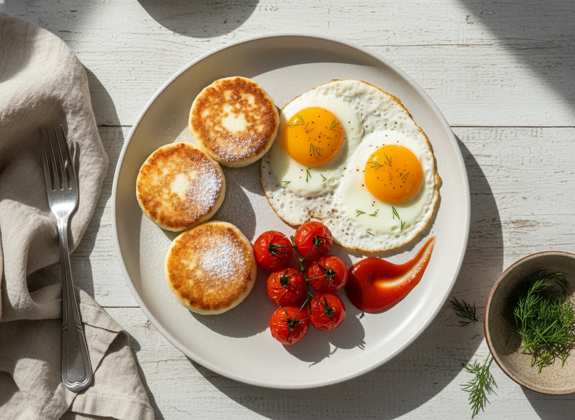 Завтрак с яичницей, помидорами и сырником photo