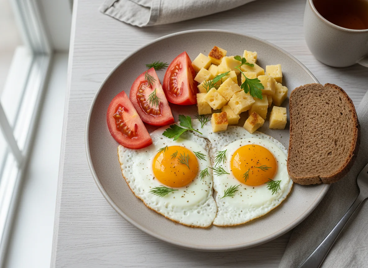 Завтрак с яичницей, помидорами и сыром photo