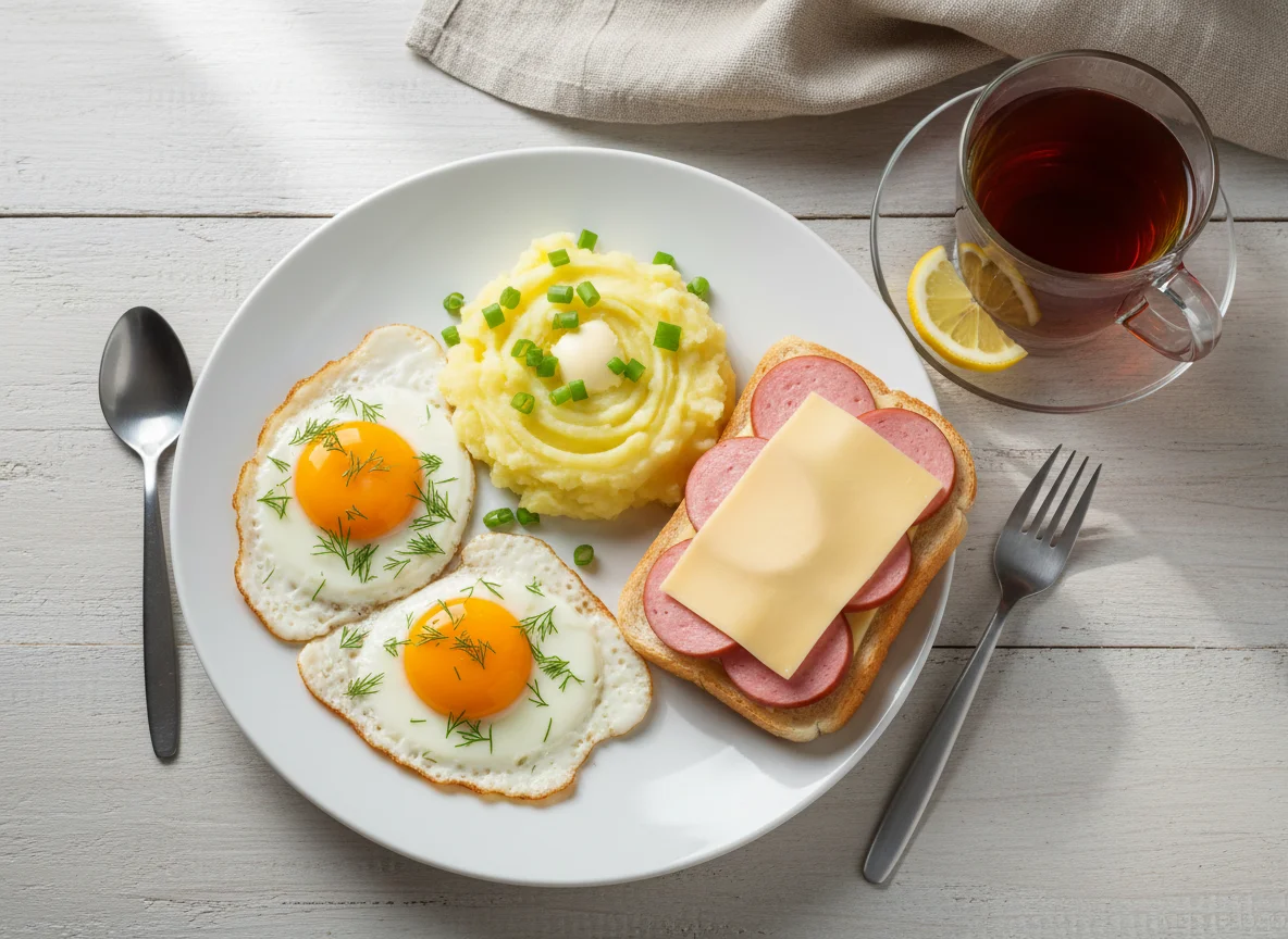 Завтрак с яичницей, пюре и бутербродом photo