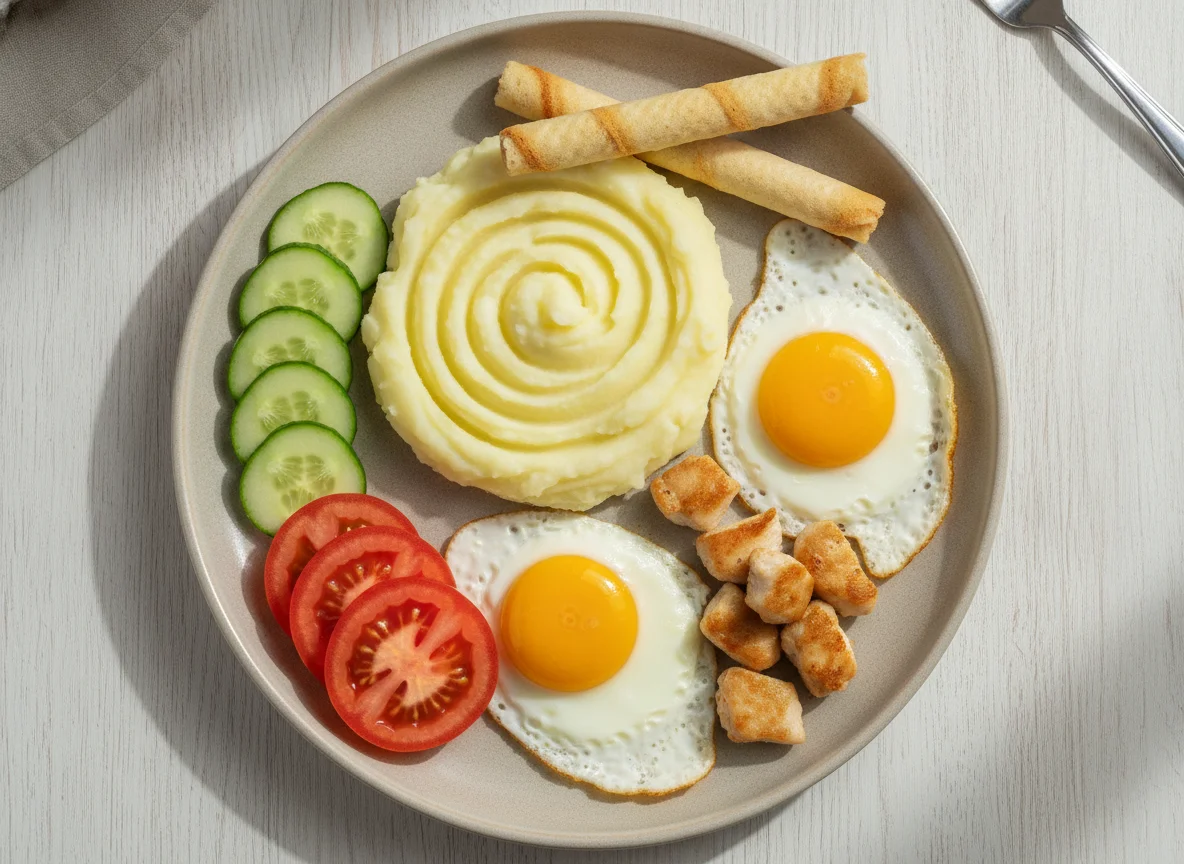 Завтрак с яичницей, пюре и овощами photo