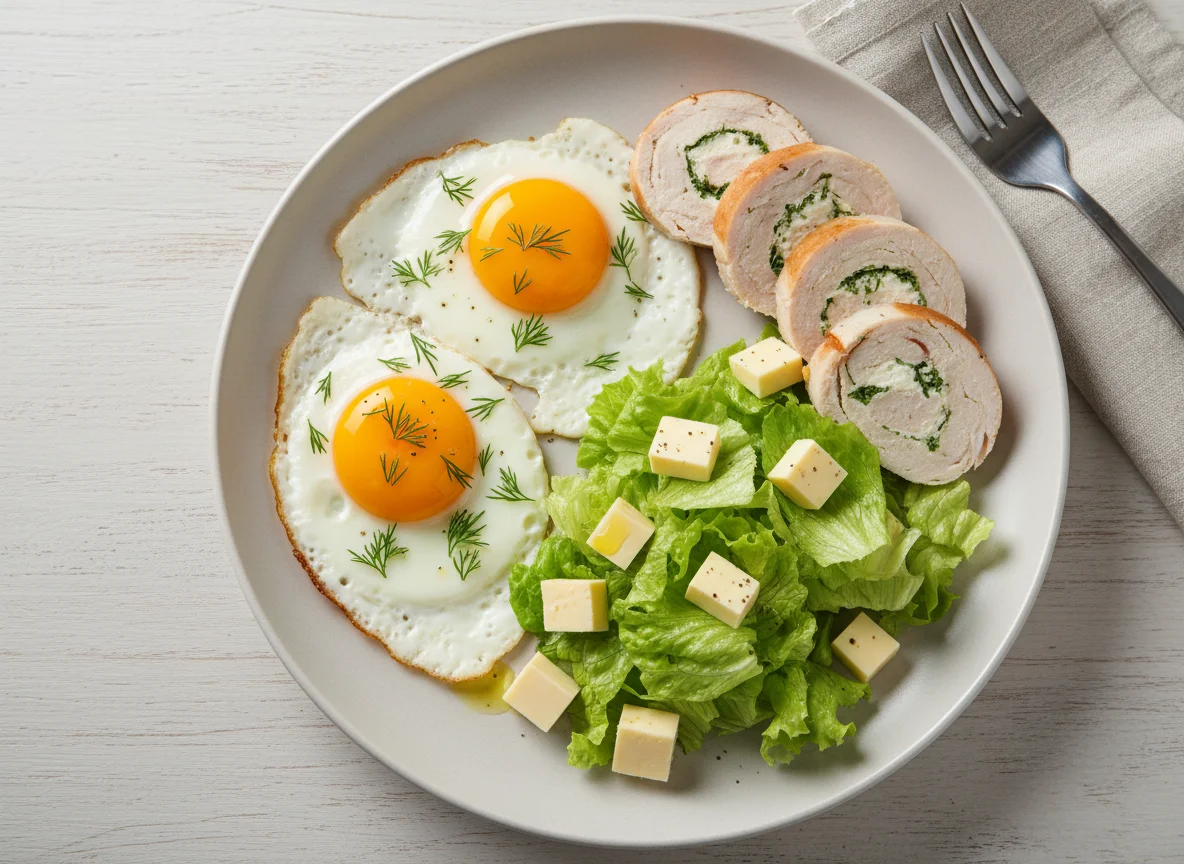 Завтрак с яичницей, рулетом из индейки, сыром и салатом photo