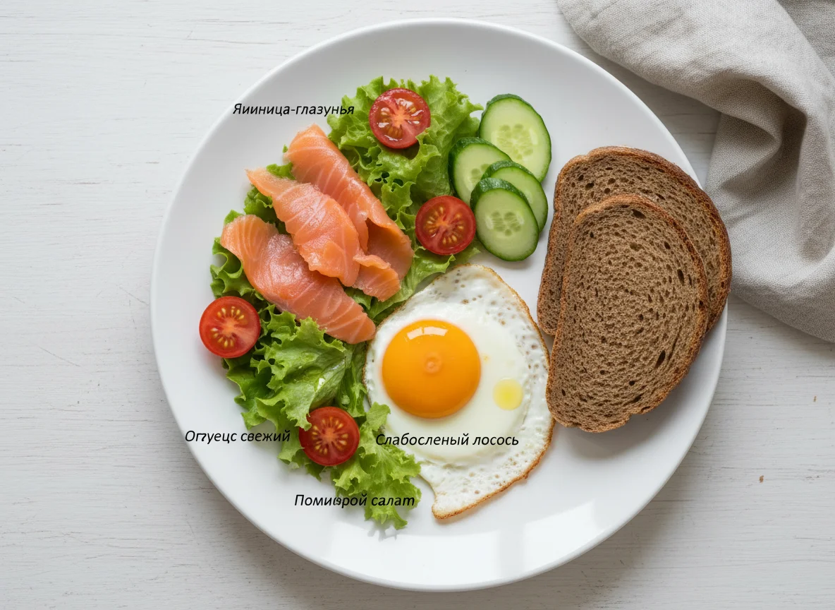 Завтрак с яичницей, рыбой и овощами photo