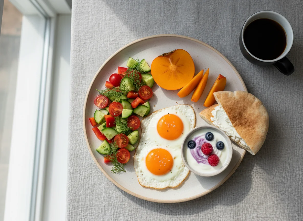 Завтрак с яичницей, салатом, хурмой и йогуртом photo