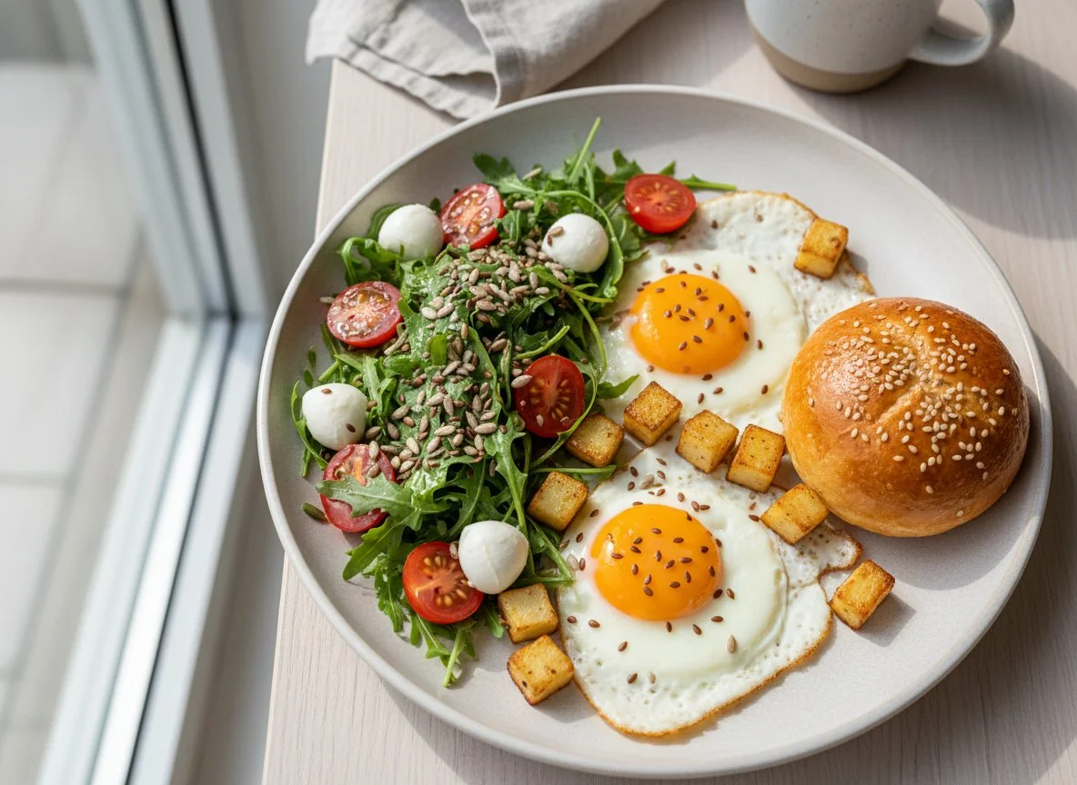 Завтрак с яичницей, салатом и булочкой photo