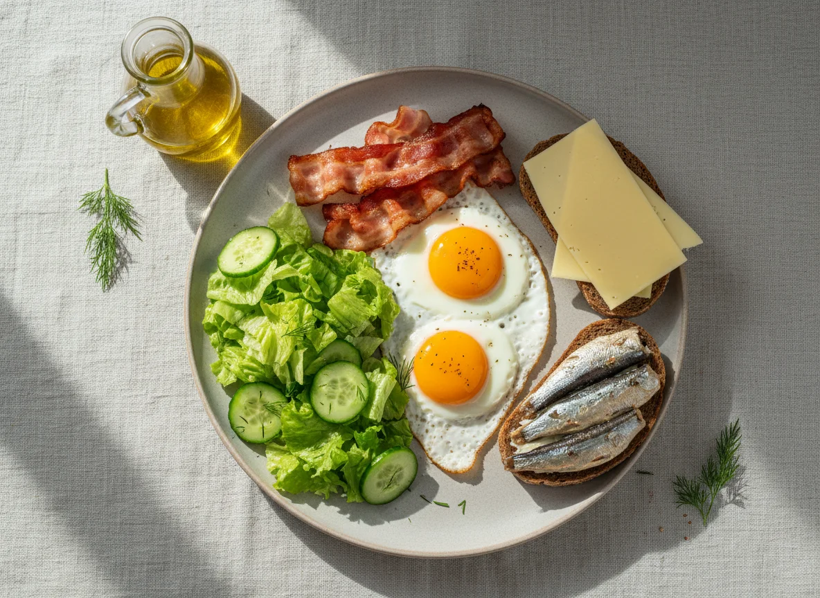 Завтрак с яичницей, салатом и бутербродами photo