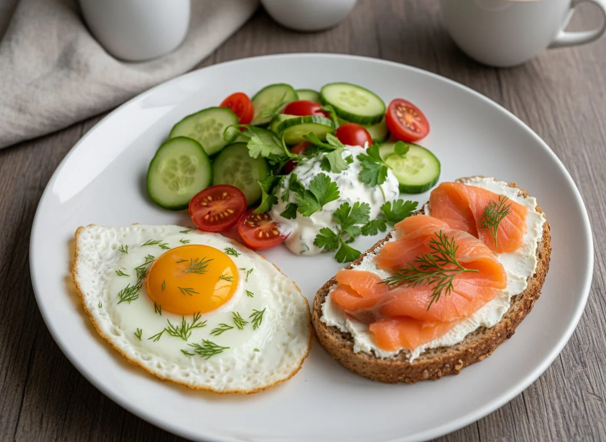 Завтрак с яичницей, салатом и бутербродом с лососем photo
