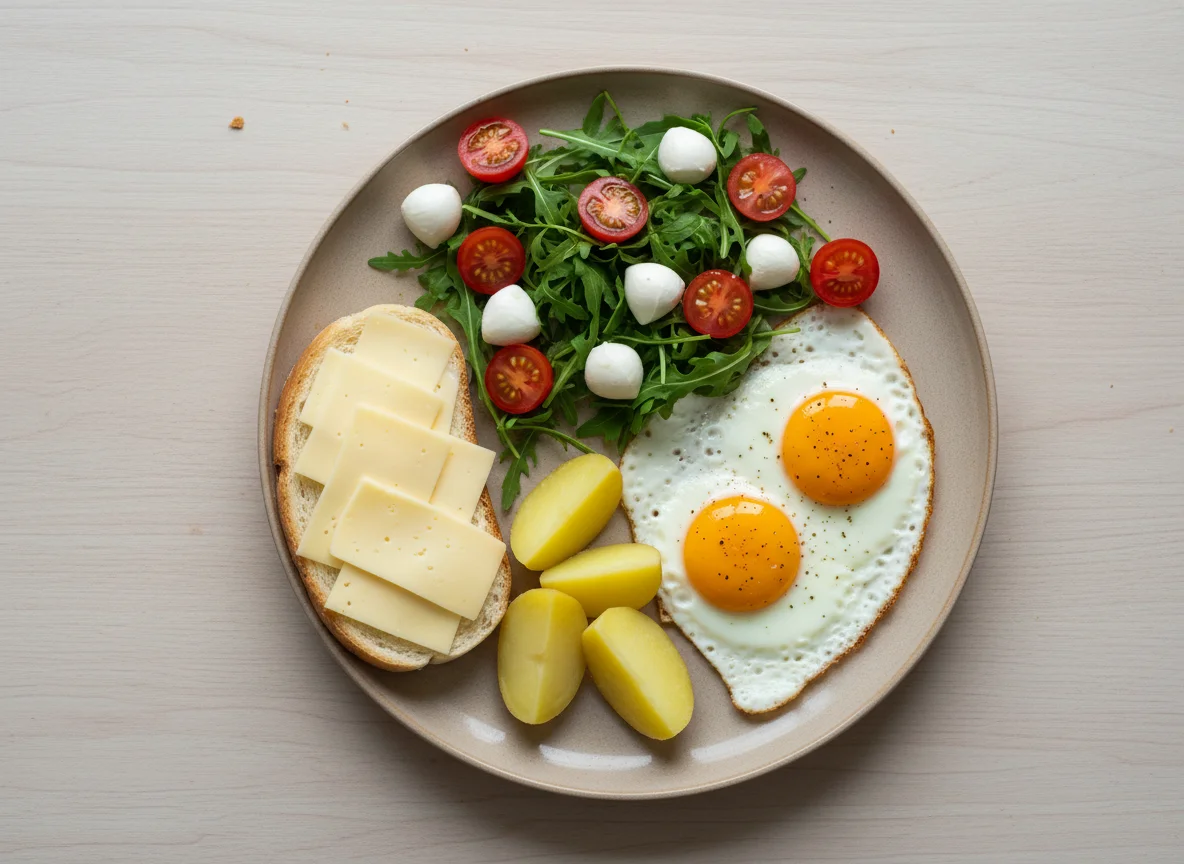 Завтрак с яичницей, салатом и бутербродом photo