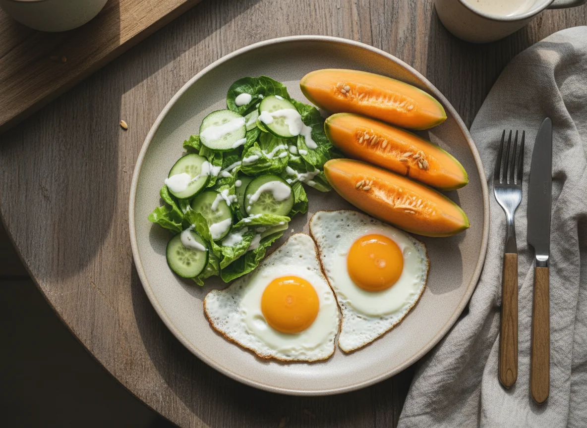 Завтрак с яичницей, салатом и дыней photo