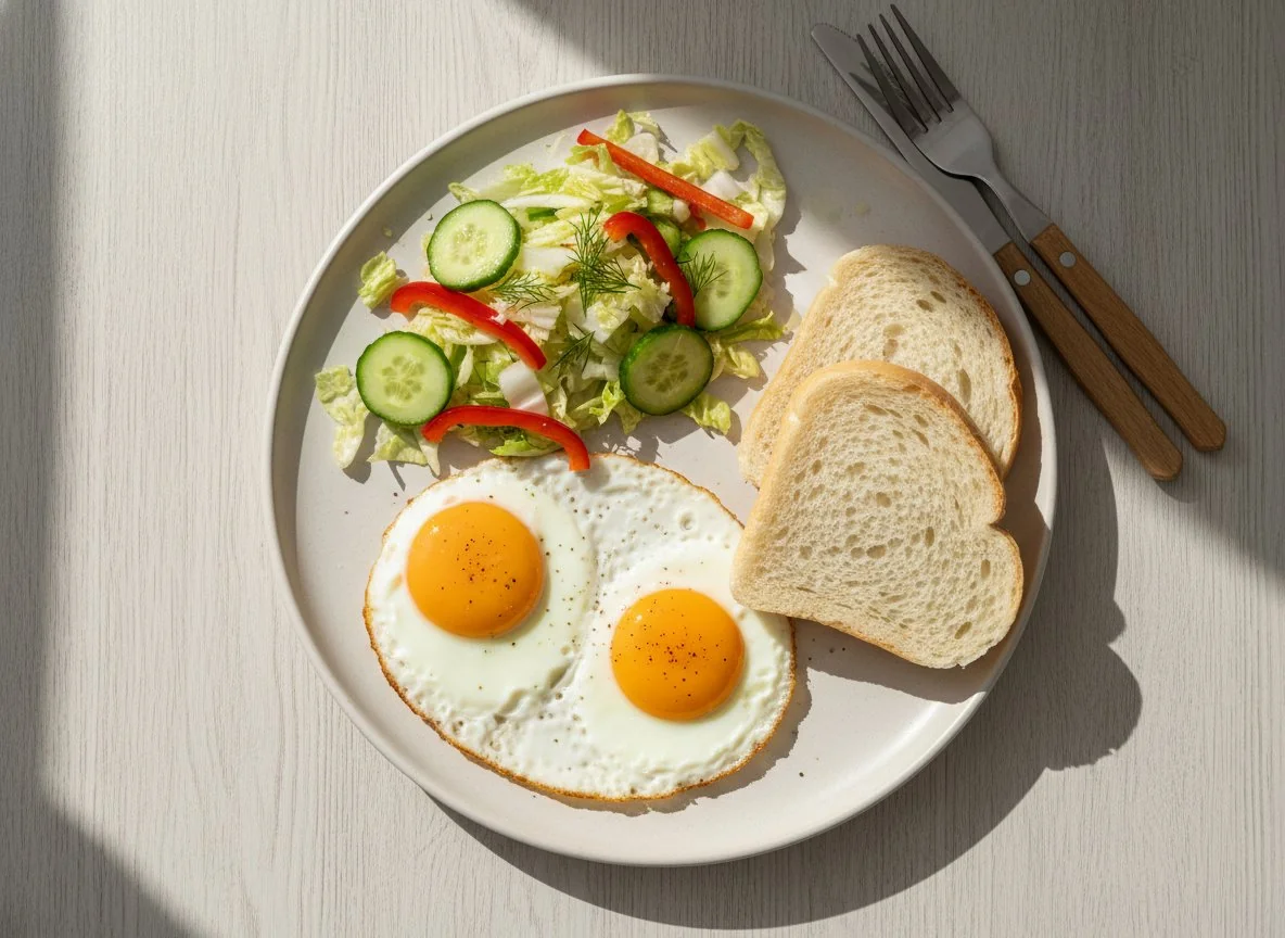 Завтрак с яичницей, салатом и хлебом photo
