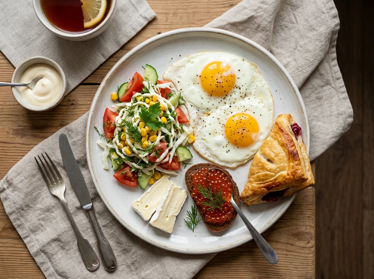Завтрак с яичницей, салатом и икрой photo