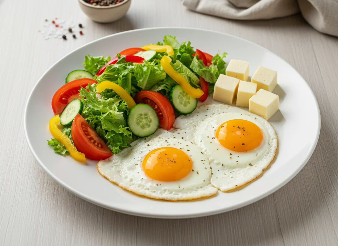 Завтрак с яичницей, салатом и сыром photo