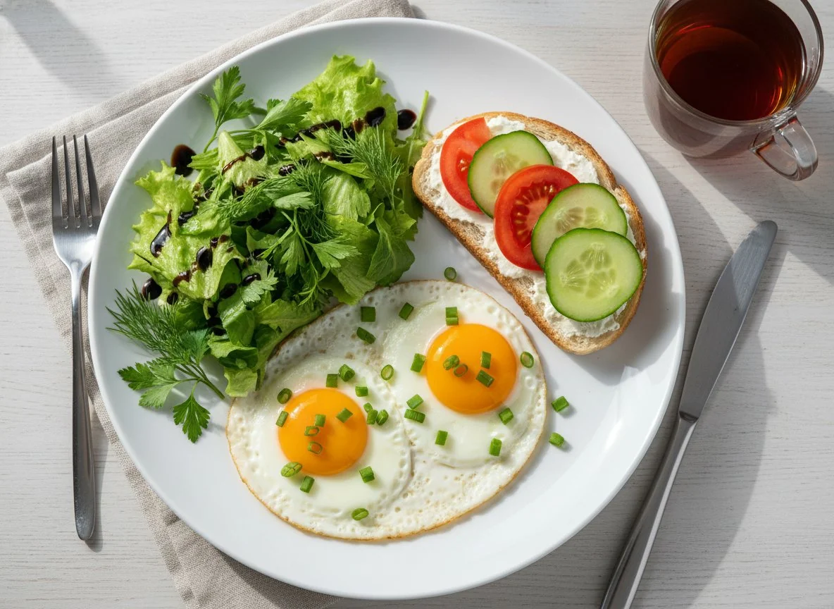 Завтрак с яичницей, салатом и тостом photo