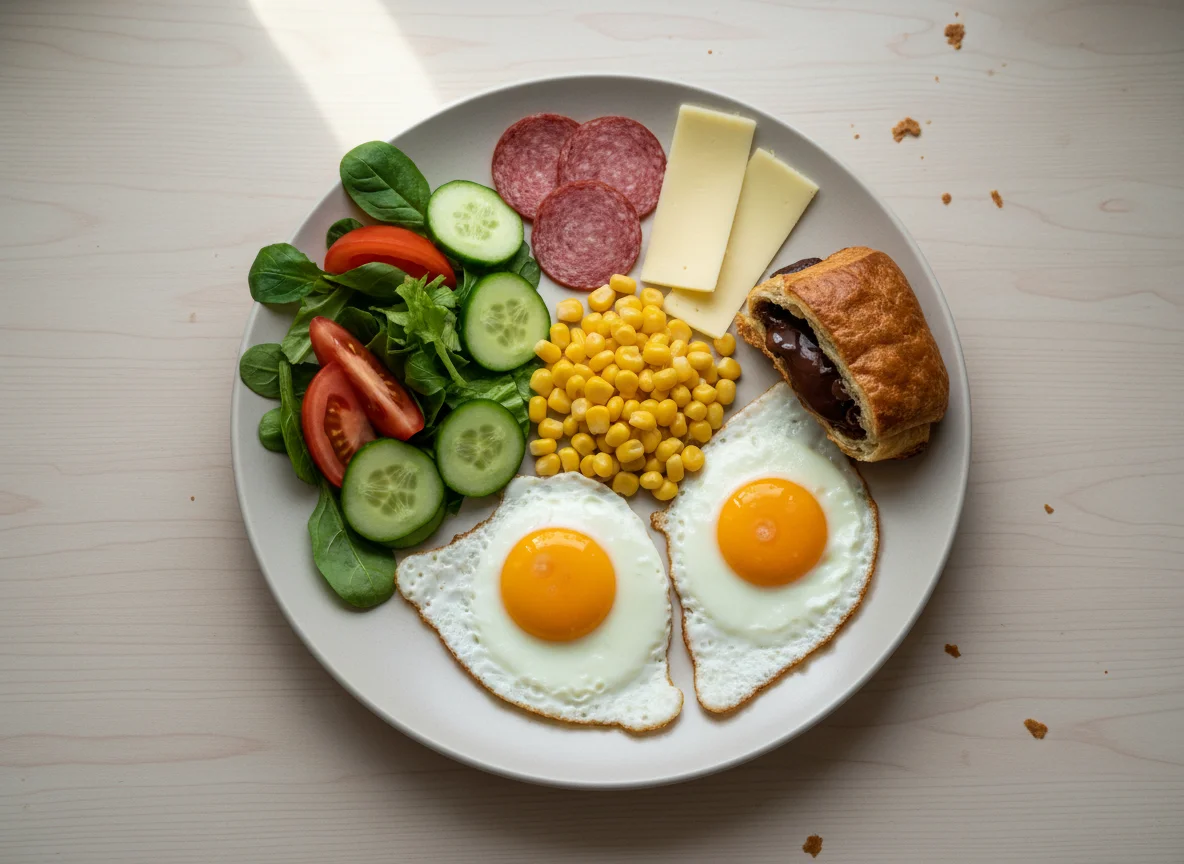 Завтрак с яичницей, салатом и выпечкой photo