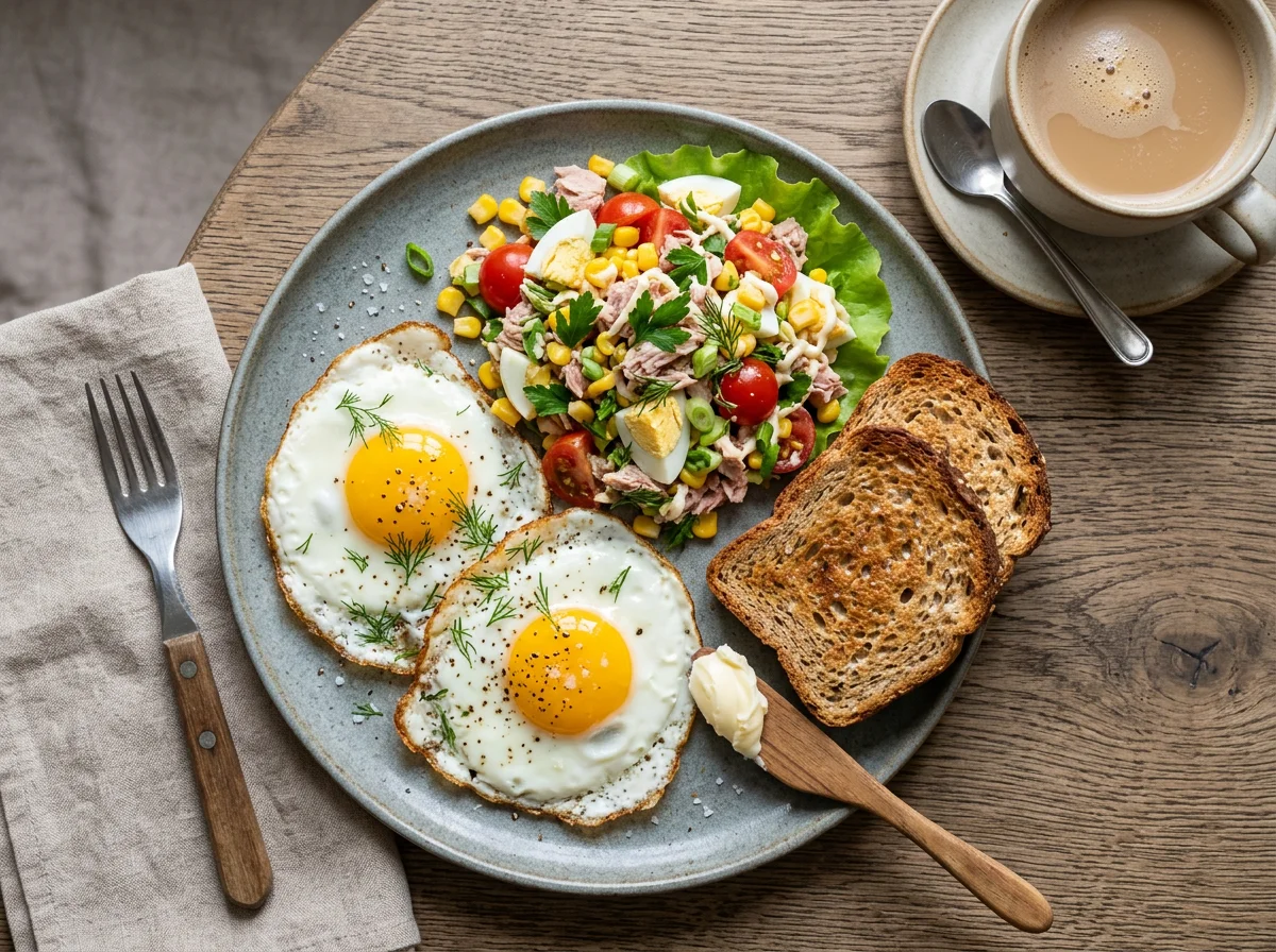 Завтрак с яичницей, салатом из тунца и тостами photo