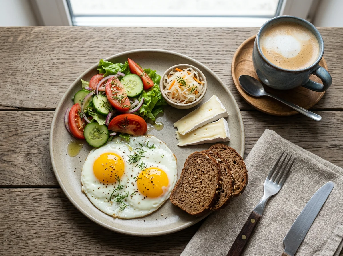 Завтрак с яичницей, салатом, сыром и кофе photo
