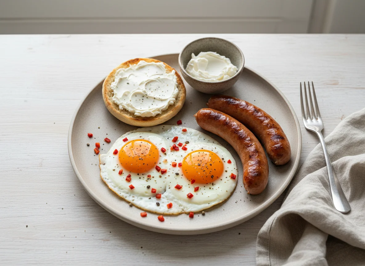 Завтрак с яичницей, сосисками и булочкой photo