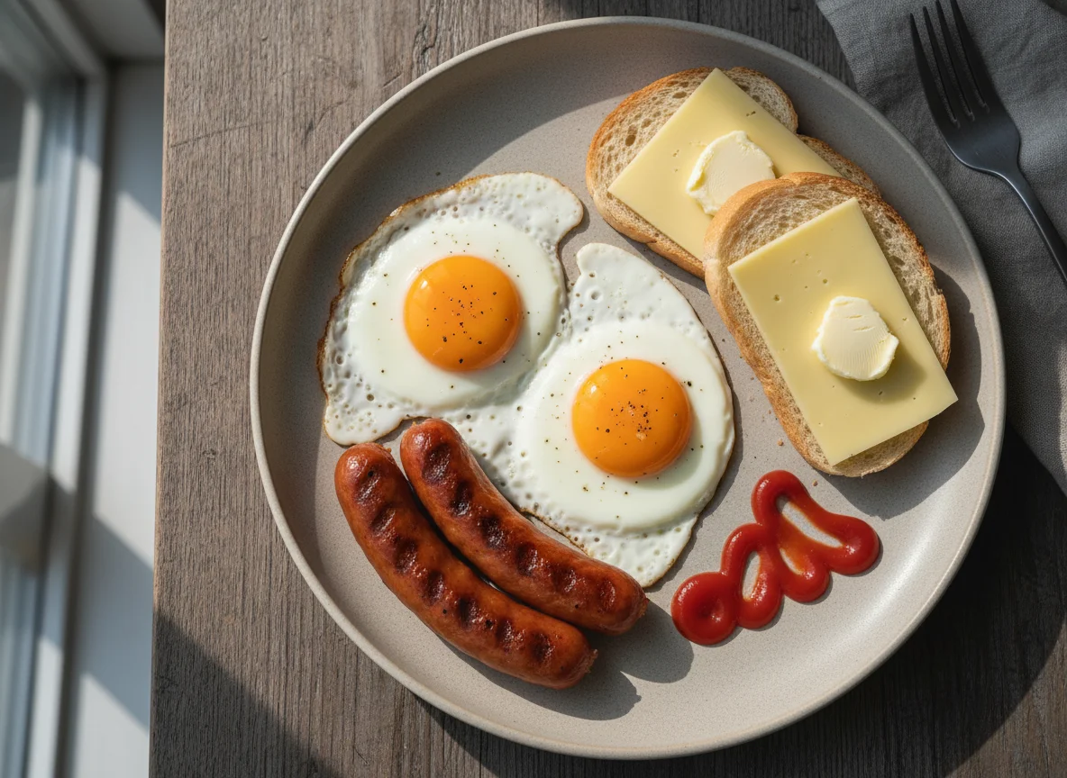 Завтрак с яичницей, сосисками и бутербродами photo