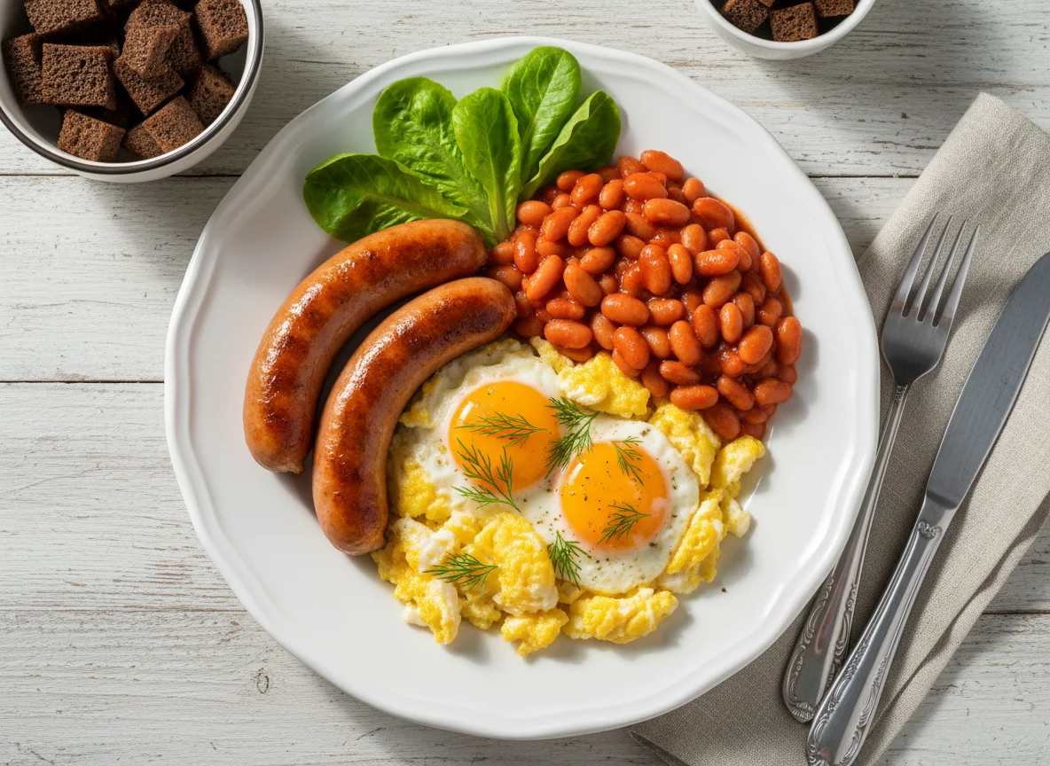 Завтрак с яичницей, сосисками и фасолью photo