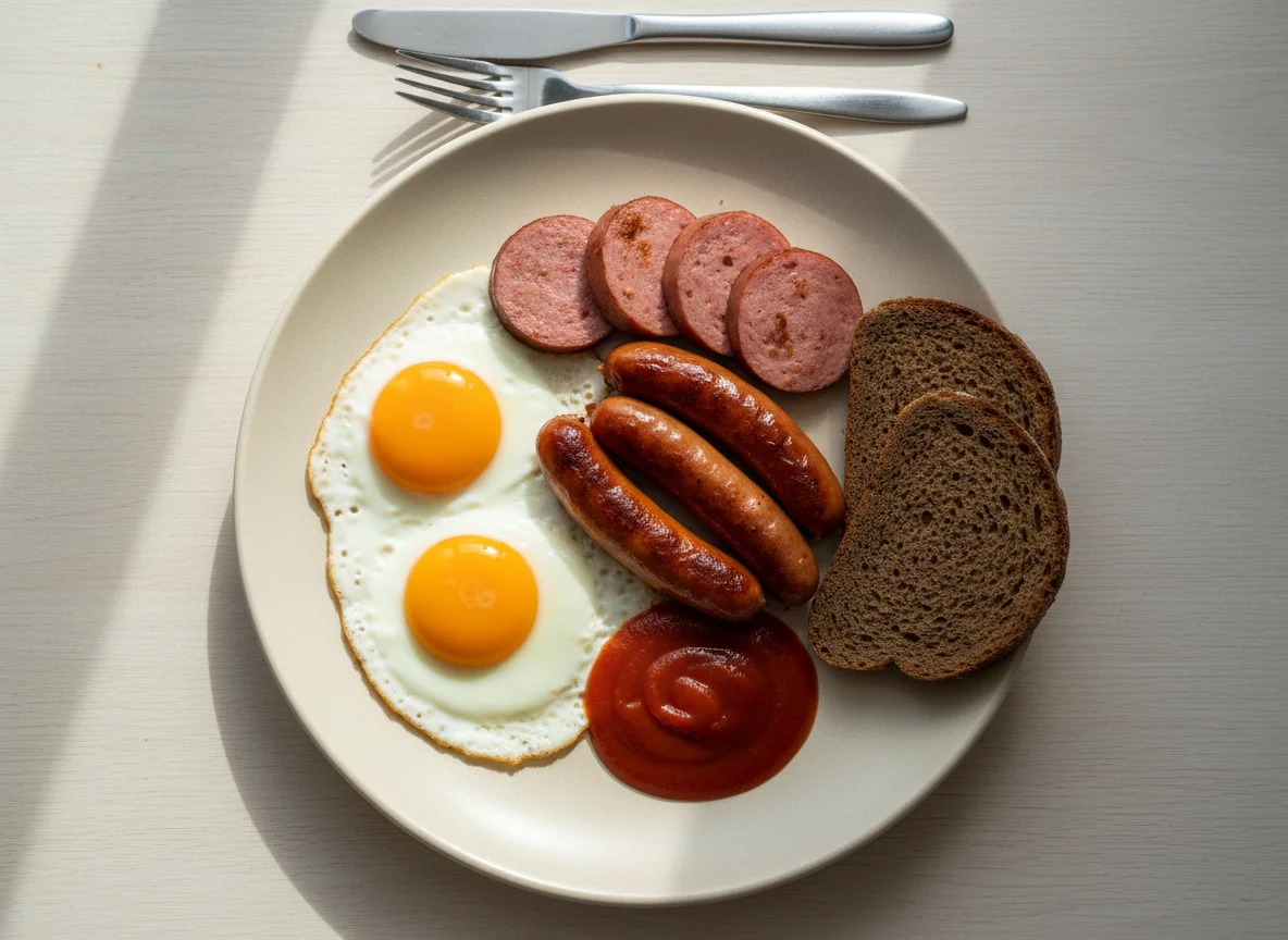 Завтрак с яичницей, сосисками и хлебом photo