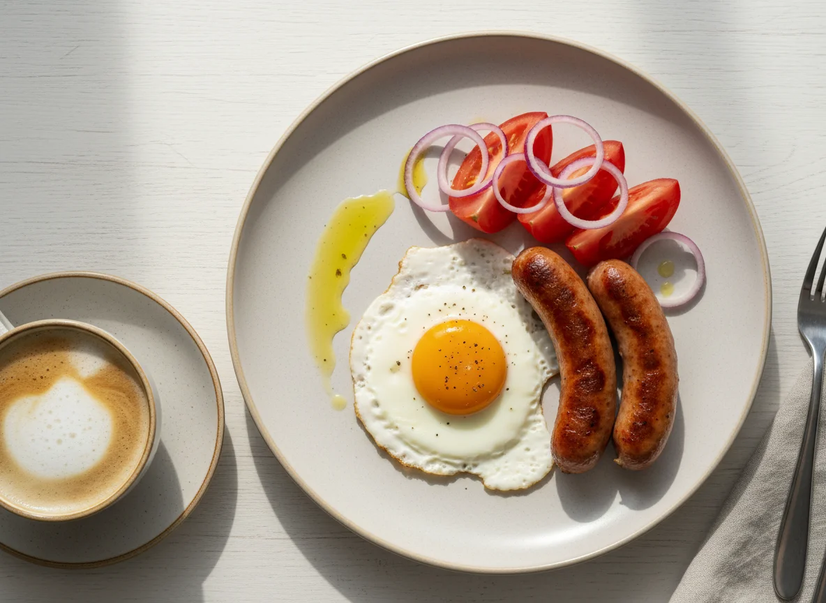 Завтрак с яичницей, сосисками и кофе photo