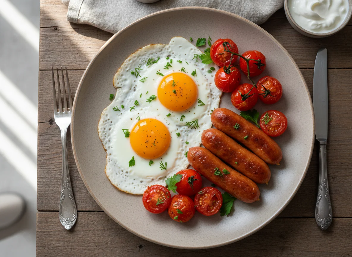 Завтрак с яичницей, сосисками и помидорами черри photo