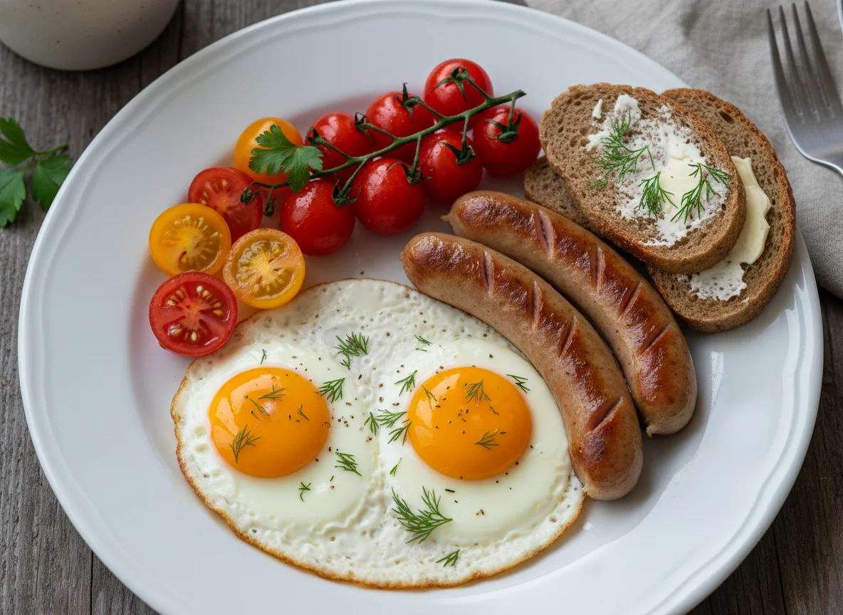 Завтрак с яичницей, сосисками и помидорами photo