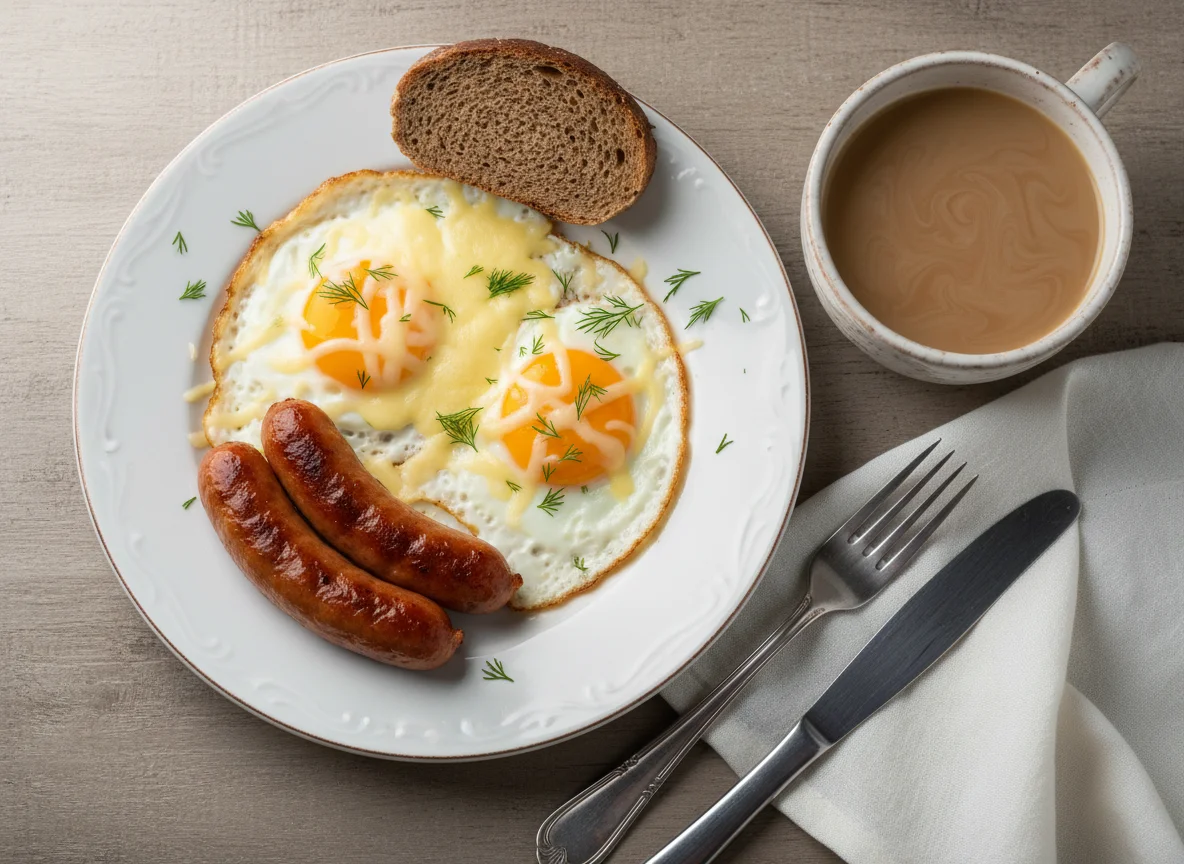 Завтрак с яичницей, сосисками и сыром photo