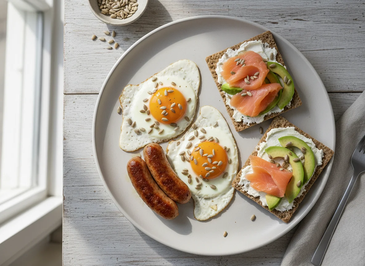 Завтрак с яичницей, сосисками и тостами с лососем и авокадо photo