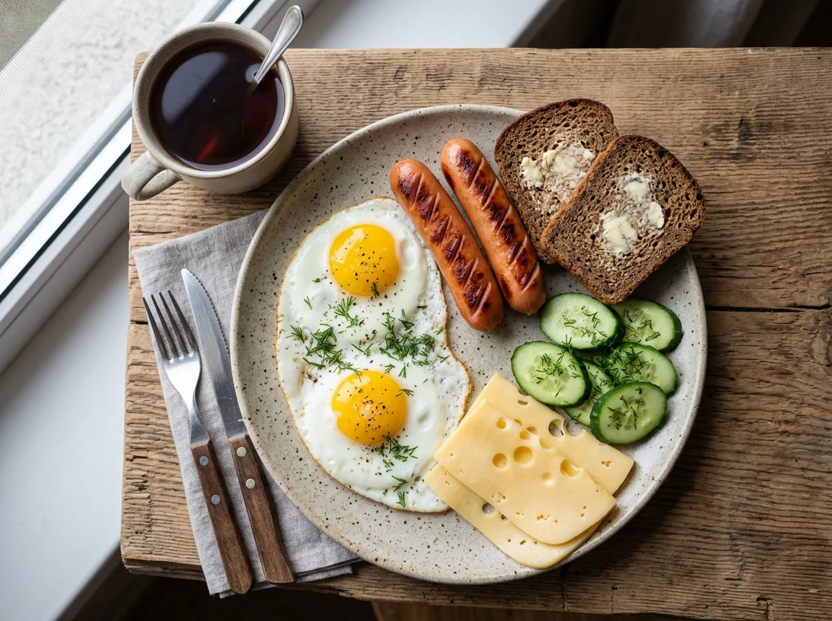 Завтрак с яичницей, сосисками, огурцами и сыром photo