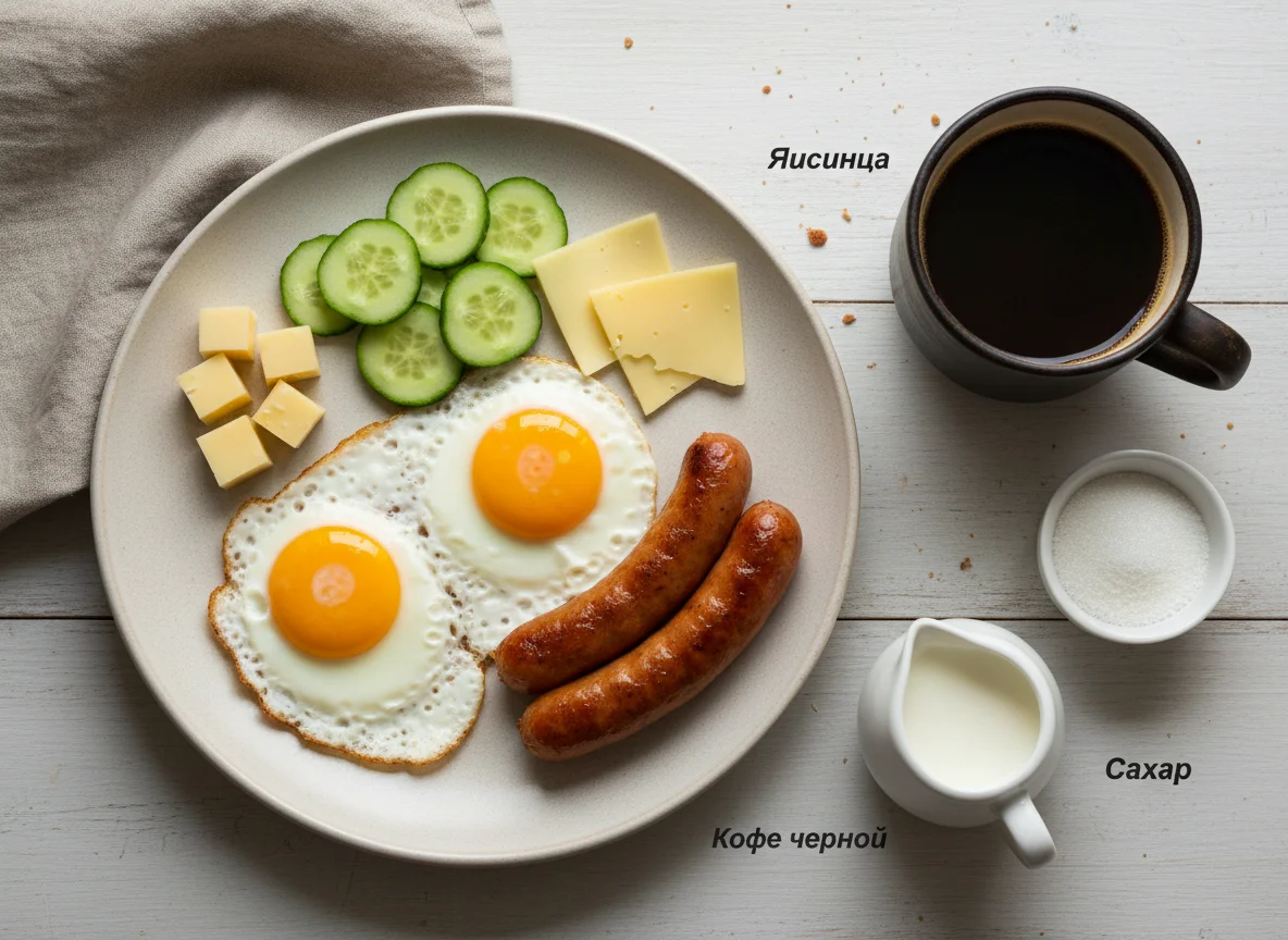 Завтрак с яичницей, сосисками, огурцами, сыром и кофе photo