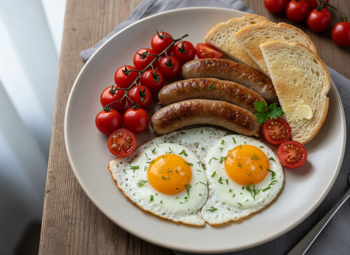 Завтрак с яичницей, сосисками, помидорами и хлебом photo