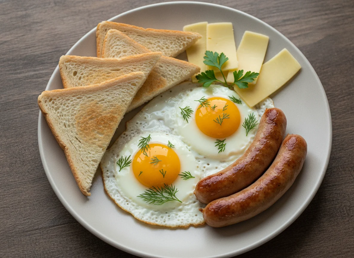 Завтрак с яичницей, сосисками, сыром и хлебом photo