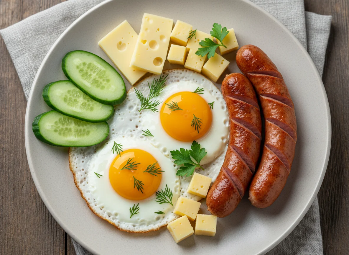 Завтрак с яичницей, сосисками, сыром и огурцами photo