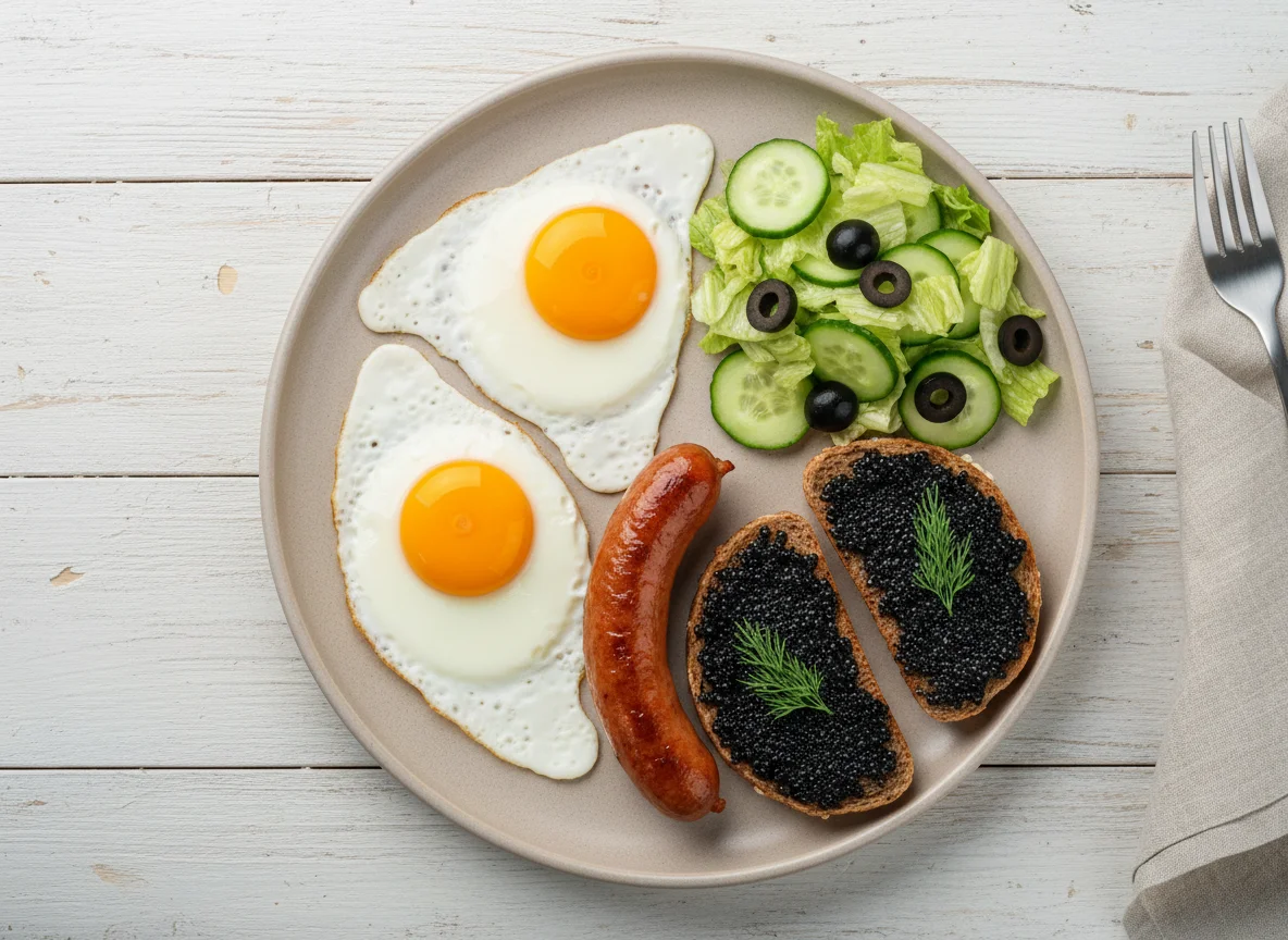 Завтрак с яичницей, сосиской, бутербродами и салатом photo