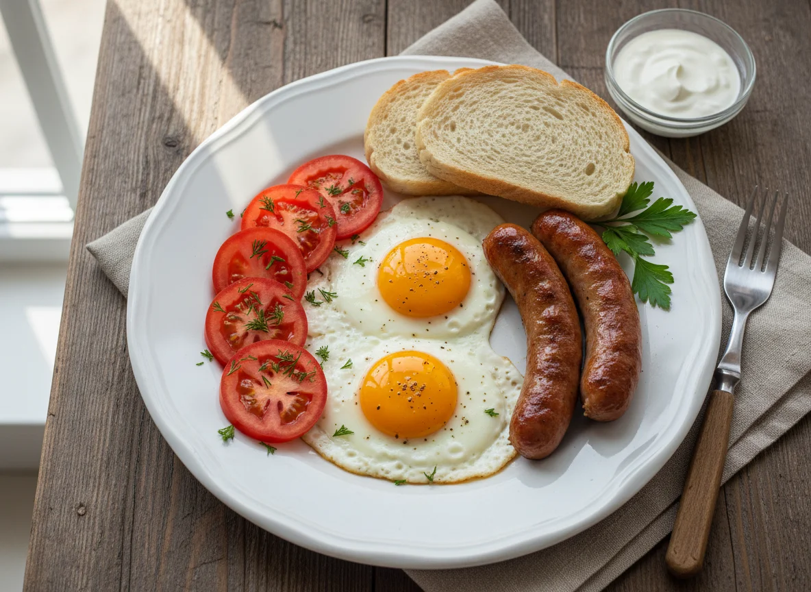 Завтрак с яичницей, сосиской и хлебом photo