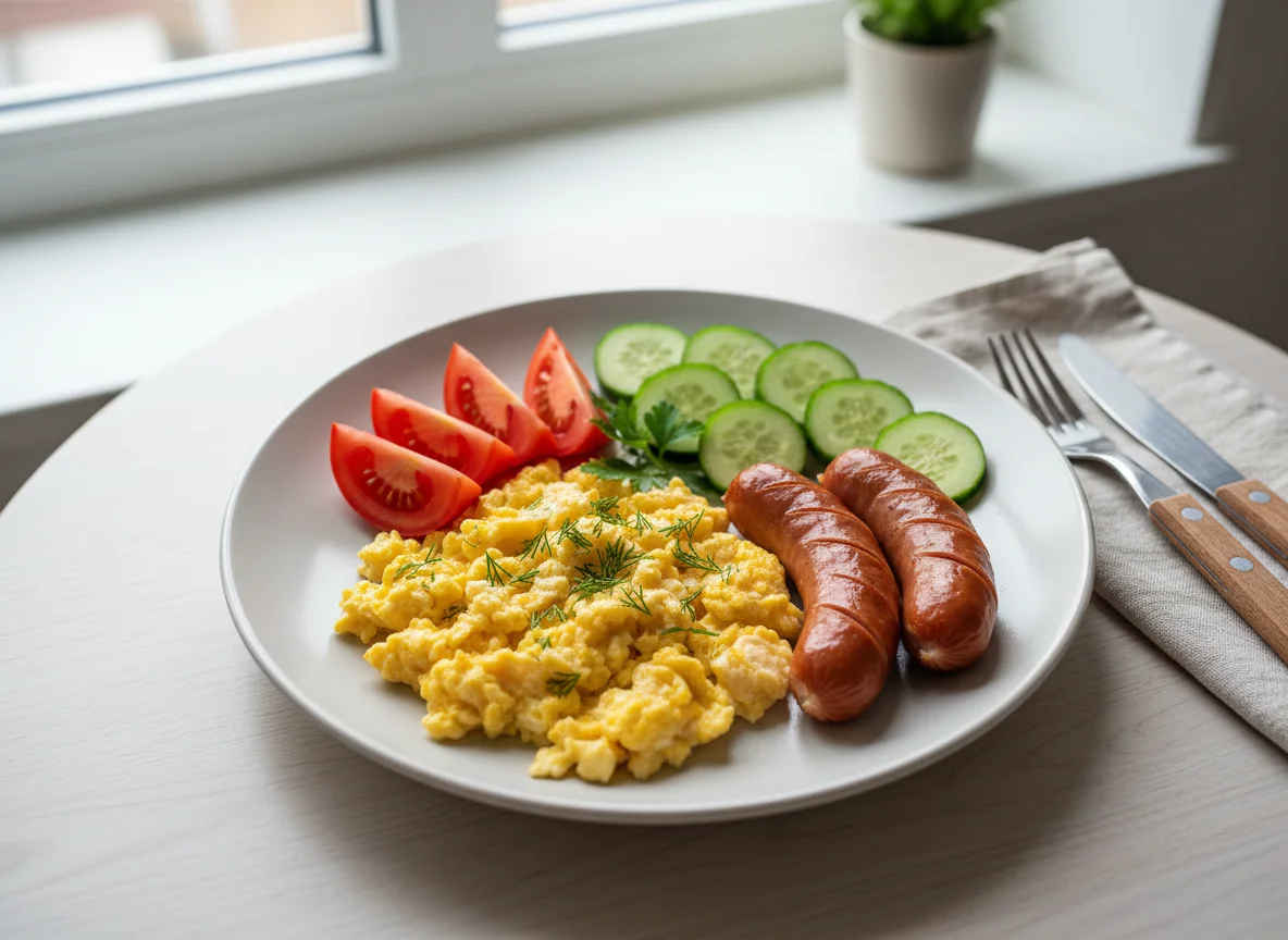 Завтрак с яичницей, сосиской и овощами photo