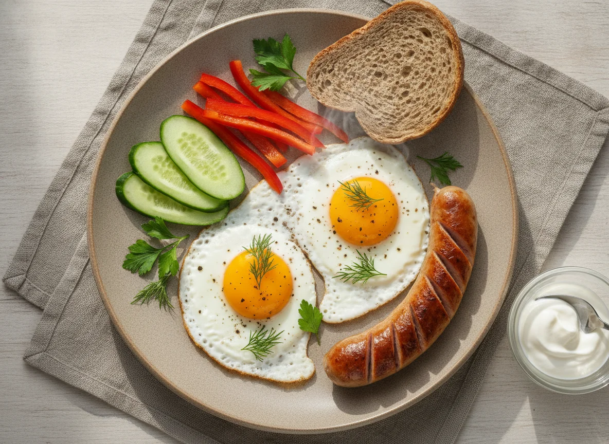 Завтрак с яичницей, сосиской из индейки и овощами photo
