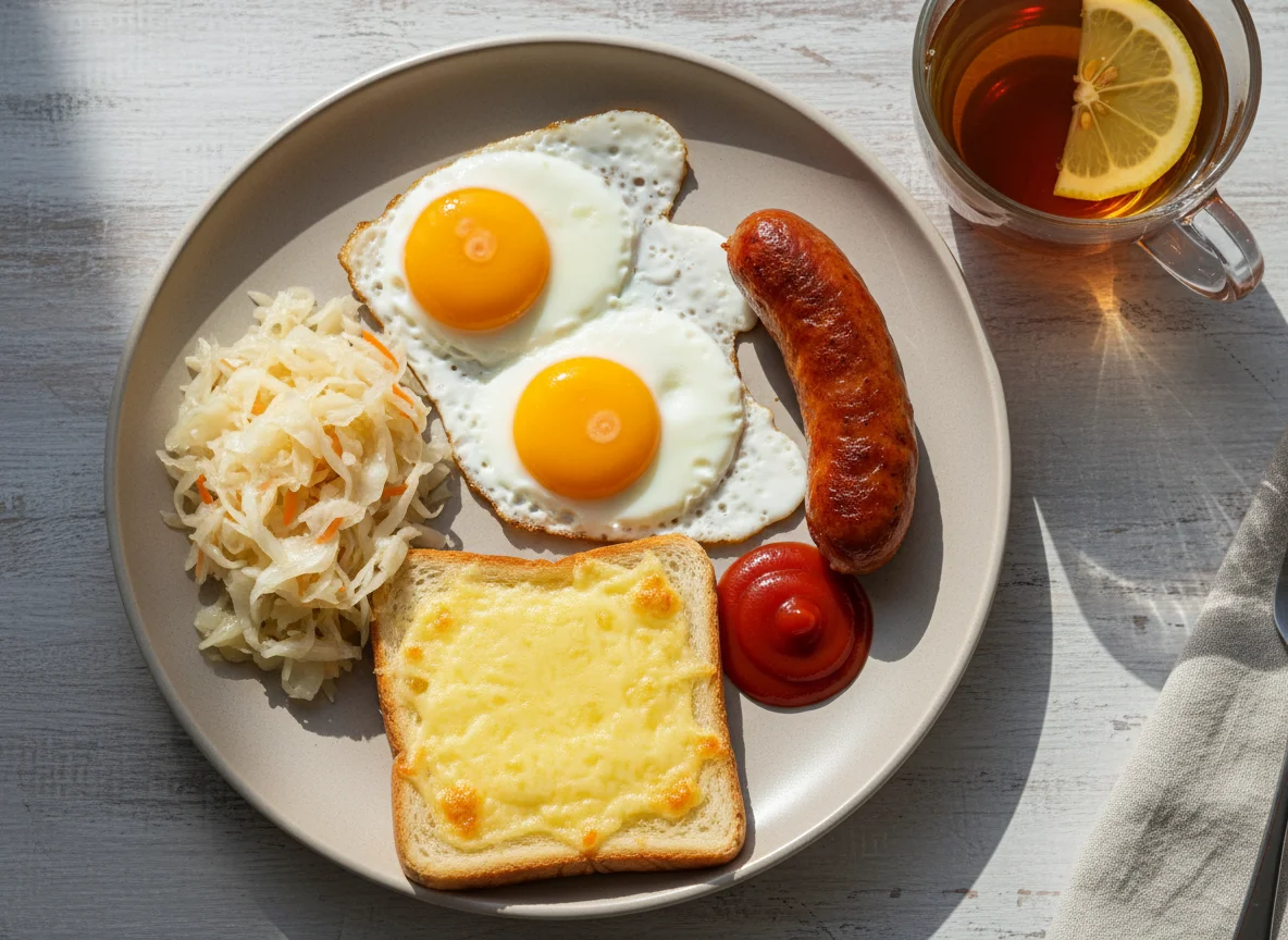 Завтрак с яичницей, сосиской, квашеной капустой и тостом с сыром photo