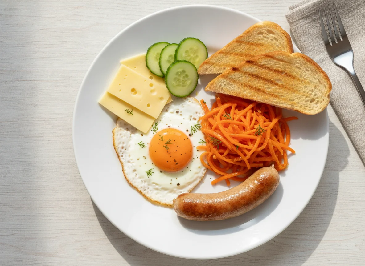 Завтрак с яичницей, сосиской, сыром и овощами photo