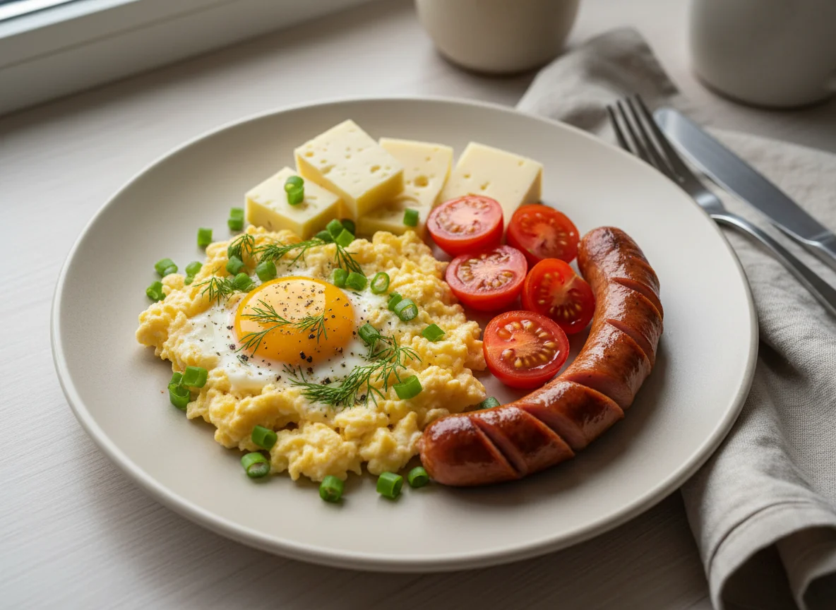 Завтрак с яичницей, сосиской, сыром и помидорами photo