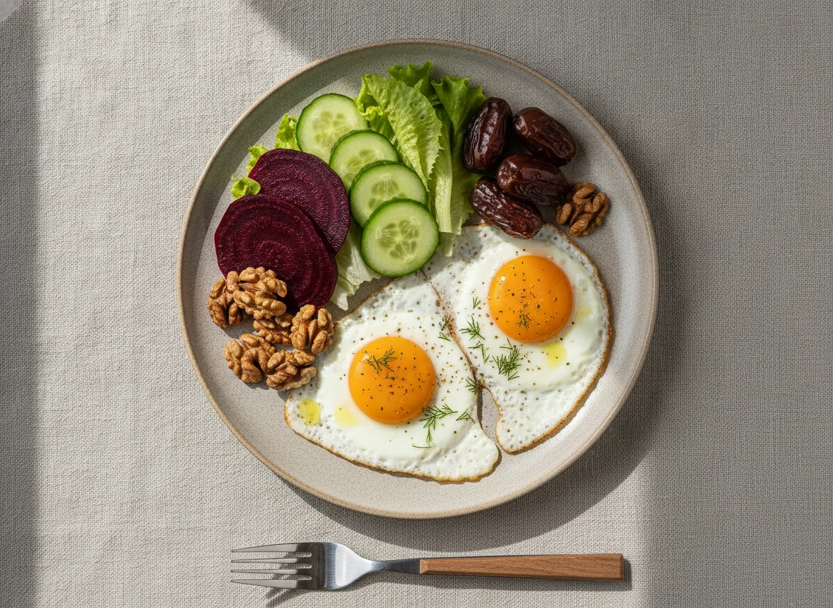 Завтрак с яичницей, свеклой и овощами photo